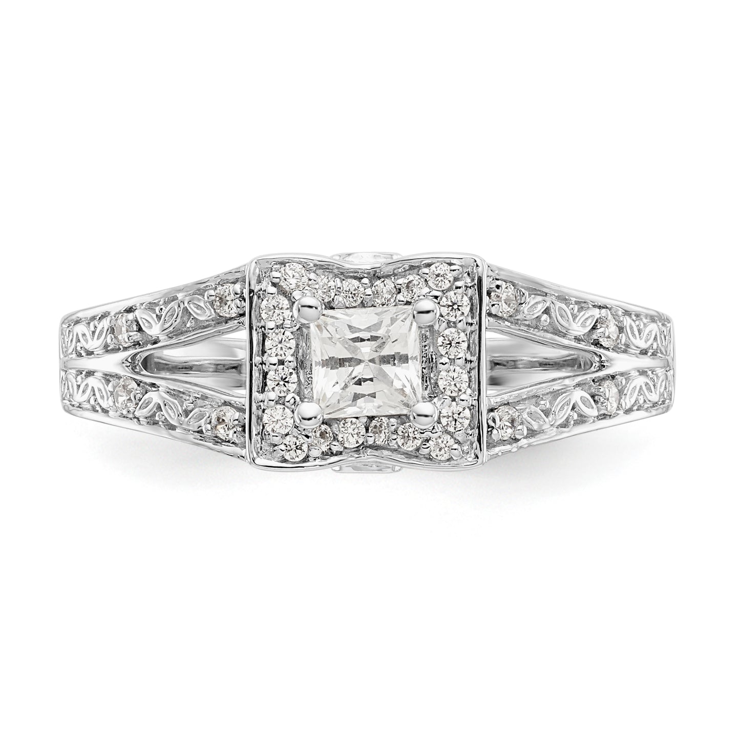 14K White Gold Diamond Princess CZ Cushion Halo Engagement Ring