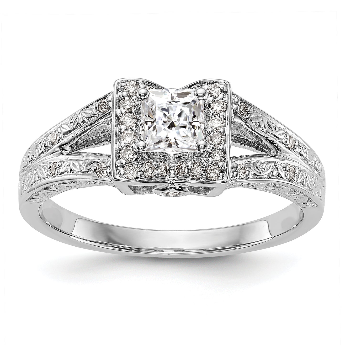 14K White Gold Diamond Princess CZ Cushion Halo Engagement Ring