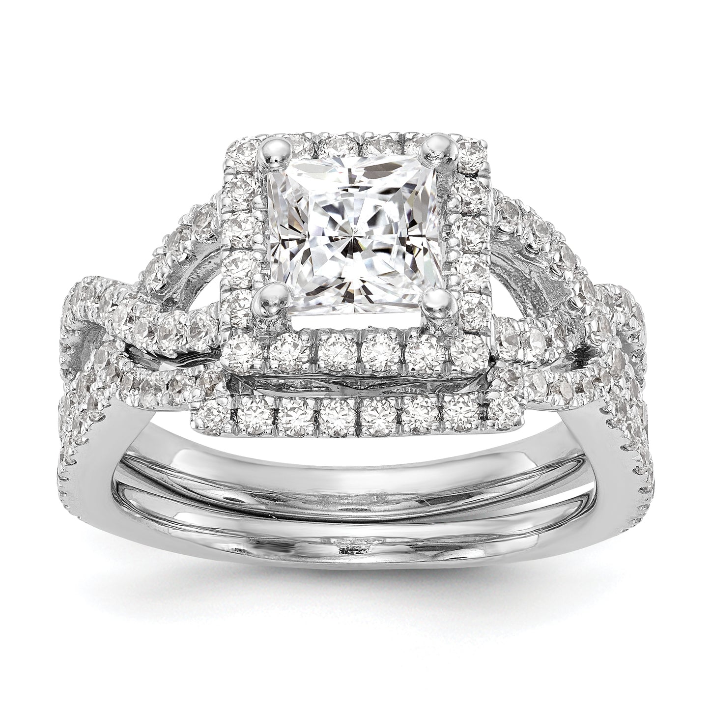 14K White Gold Diamond Princess CZ Cushion Halo Engagement Ring