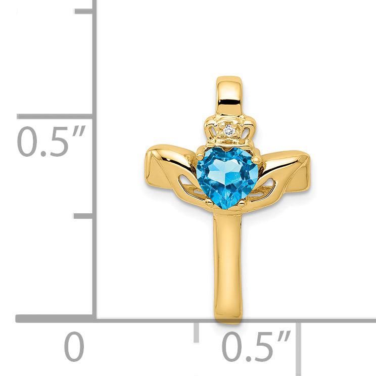 14k 6mm Claddagh Blue Topaz A Diamond Cross Pendant