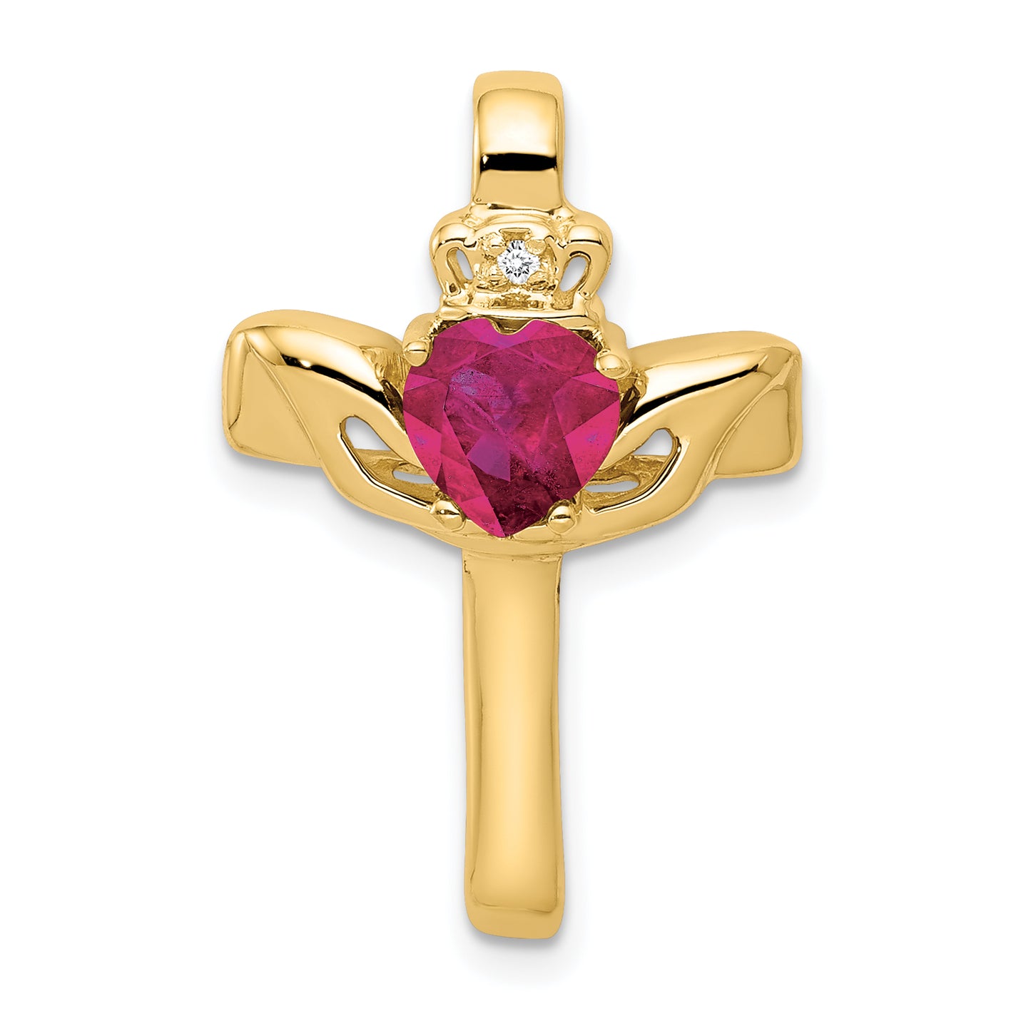 14k 6mm Claddagh Created Ruby A Diamond Cross Pendant