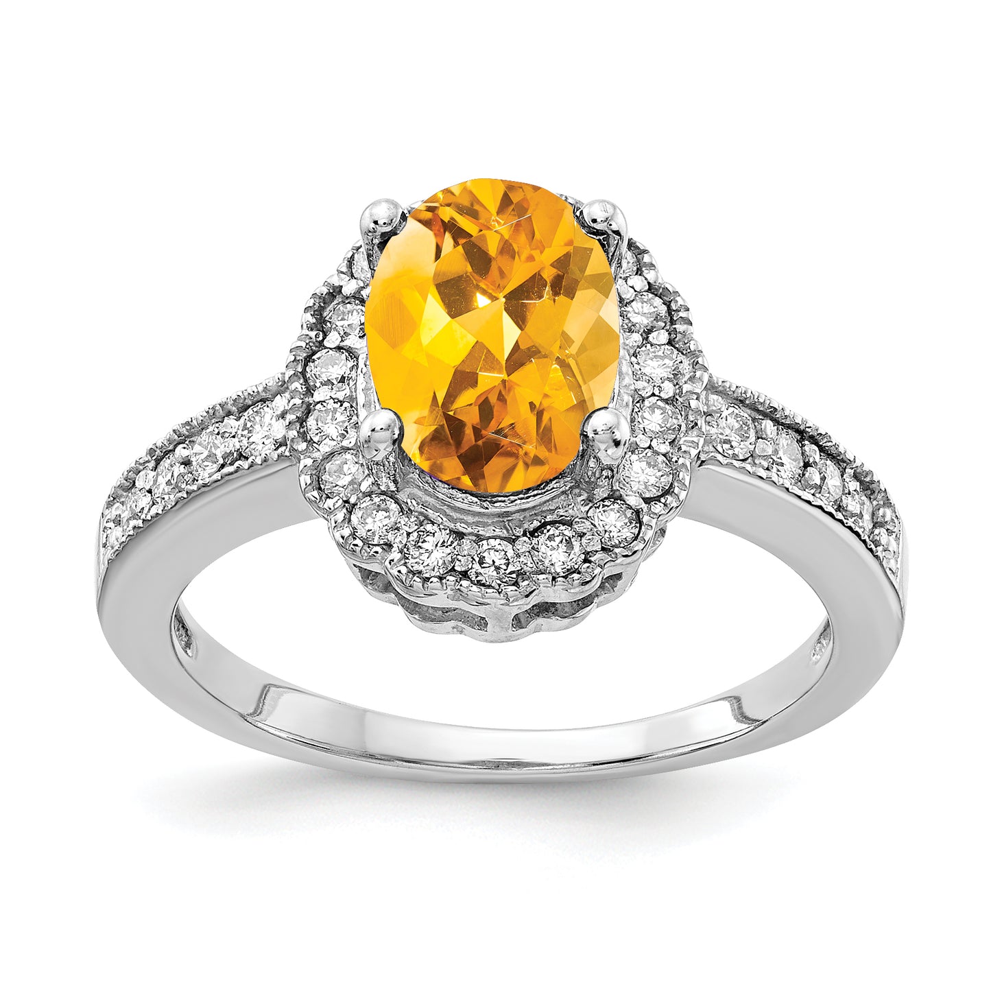 14k White Gold 8x6mm Oval Citrine Checker AA Diamond ring